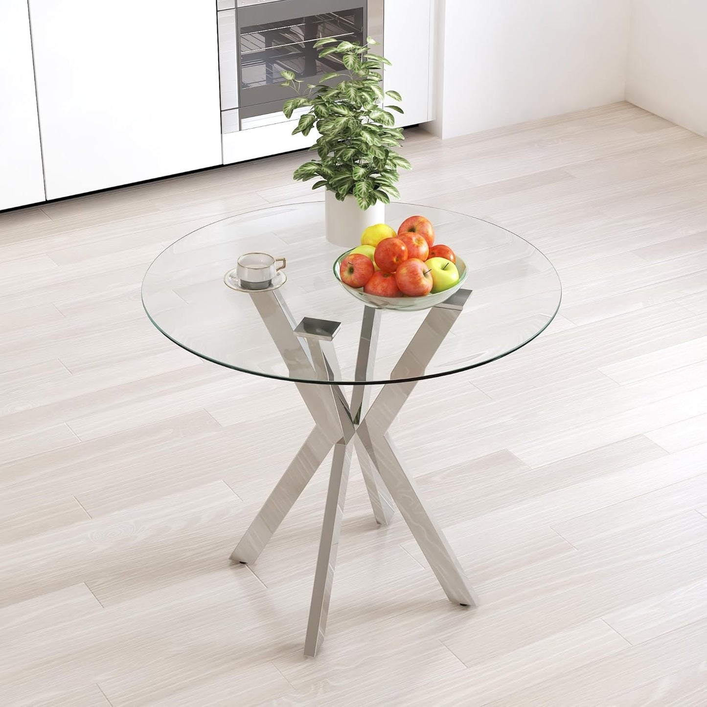 NIERN Tempered Glass Dining Table 31.5'' Round Kitchen Table with Sliver Metal Legs Modern Style for Home, Kitchen, Dining Room