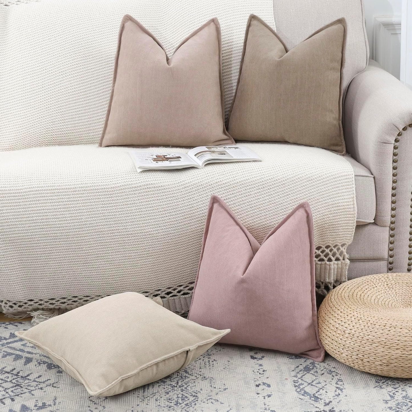 MADIZZ Textured Chenille Throw Pillow Covers Set of 2 Super Soft Decorative Pillow Covers Boho Cushion Covers Modern Farmhouse Home Decor for Sofa Bedroom 18x18 inch Beige