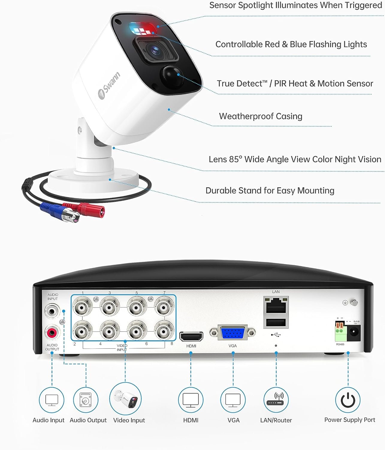Swann 8 Channel 8 Camera 1080p Full HD Security System with 4680 1TB DVR Recorder, Wired Surveillance Bullet Cameras, Colour Night Vision, Heat & Motion Detection & Microphone | SWDVK-846808MQB