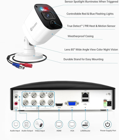 Swann 8 Channel 8 Camera 1080p Full HD Security System with 4680 1TB DVR Recorder, Wired Surveillance Bullet Cameras, Colour Night Vision, Heat & Motion Detection & Microphone | SWDVK-846808MQB
