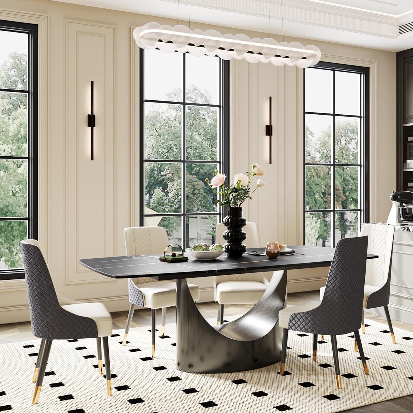 POVISON 94'' Modern Rectangular Dining Table for 8–10 – Black Sintered Stone Tabletop w/Dark Grey Carbon Steel Pedestal, Luxury Kitchen & Dining Room Table, Elegant Large-Capacity Design