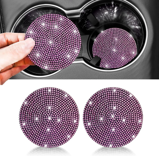 FKECVIS Bling Cup Holder Coasters for Car, 2PCS Universal Non-Slip Cup Holder, Embedded Decorative Coasters, Shiny Crystal Car Interior Accessories Gifts for Women (Pink