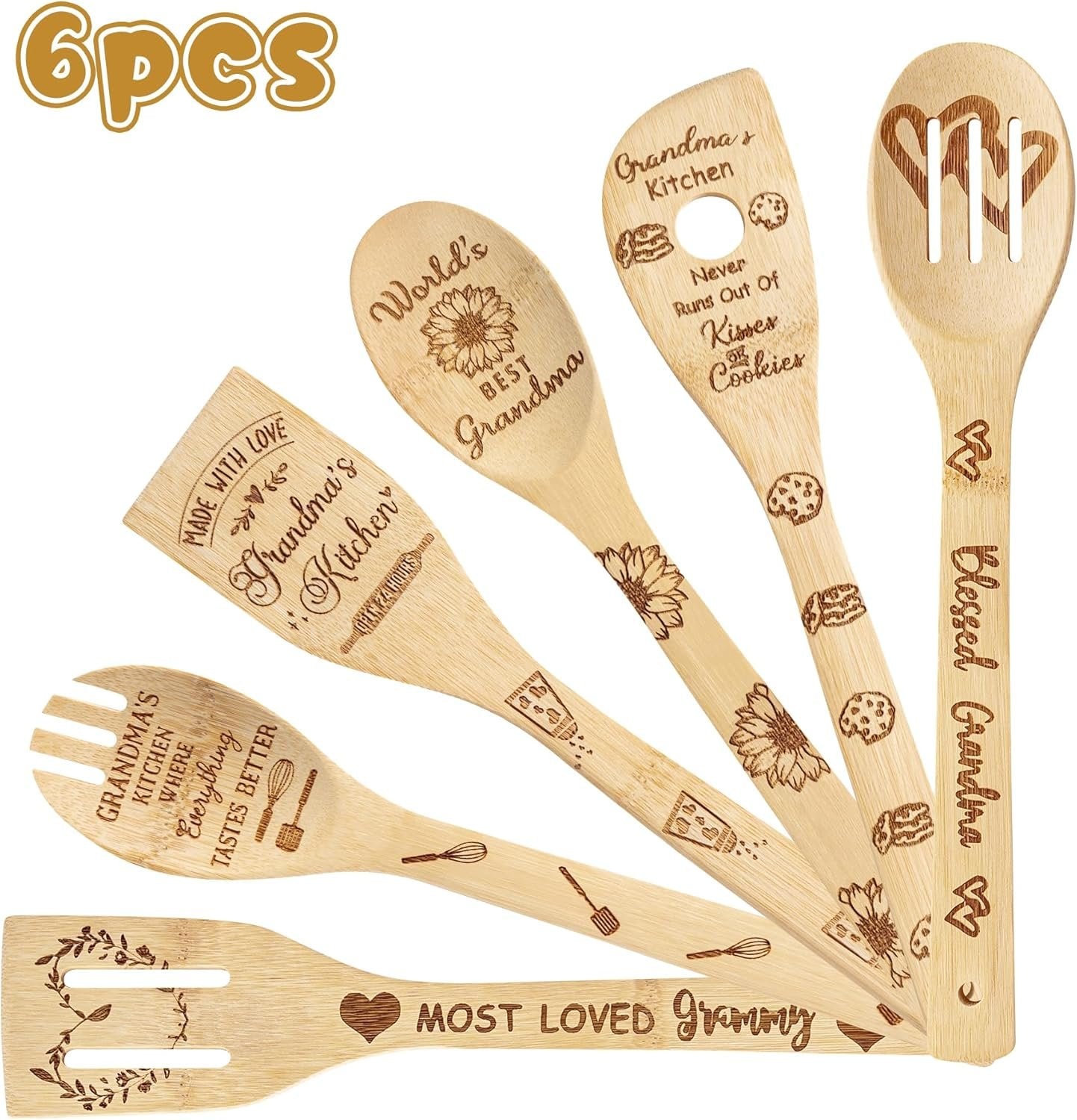 Grandma Bamboo Spoons Bulk - 6Pcs Mother's Day Best Grandma Kitchen Cooking Utensils Set Natural Carve Burned Bamboo Cooking Engraved Spoon Slotted Spatulas Tools Mom's Birthday Idea Gifts