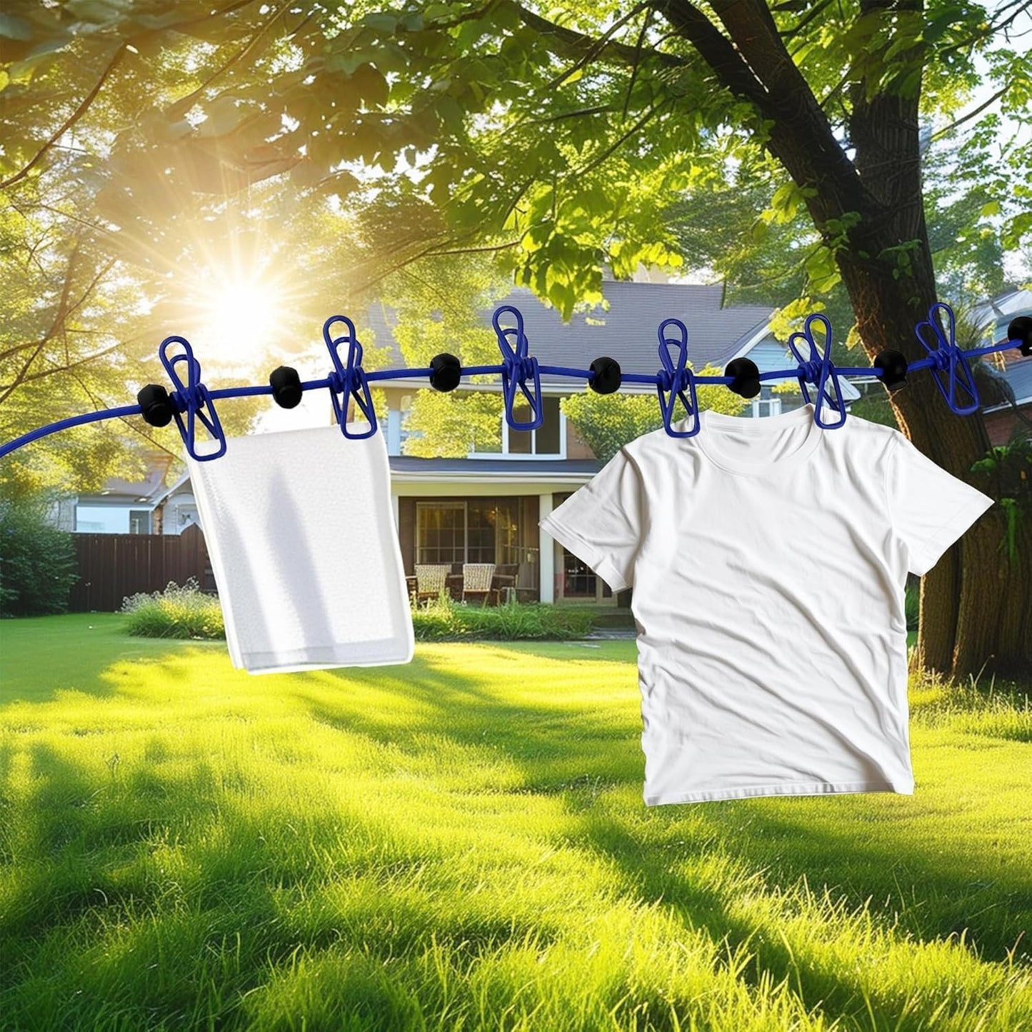 Cyanmor 2 Pack Portable Clothesline with 12 Clothespins, Retractable Travel Windproof Clothesline with Climbing Clip, Suitable for Camping, Hotel Indoor and Outdoor Use(Blue)