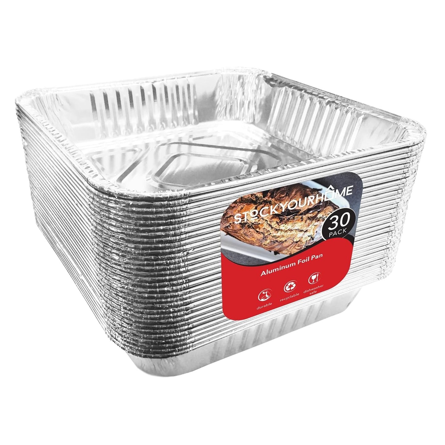 Stock Your Home Aluminum Foil Pans for Baking, Cooking, Prepping, Storing Food - Disposable Cookware Sets 9 x 9 Pan (30 Pack) Silver
