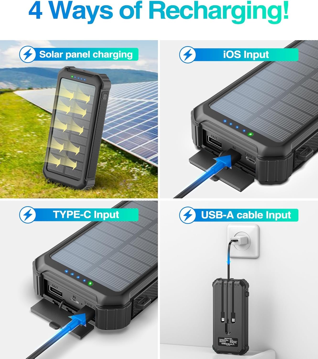 LATIMERIA Solar Charger Power Bank, Portable Phone Charger with USB C in/Output, 5V3.1A QC 3.0 Fast Charging for Cellphone, External Battery Pack Compatible with iPhone Samsung Google etc