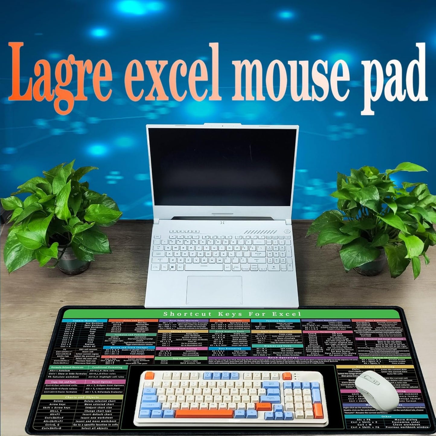 Excel Mouse pad,Computer Desk Accessories Over 150 Shortcut Keys,Non-Slip&Waterproof Desk mat,Large Excel Shortcut Mousepad(35.4x15.74 in)
