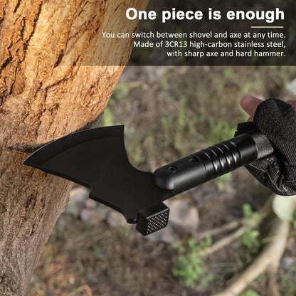 Survival Tactical Shovel Axe - High Carbon Steel Folding Entrenching Tool for Camping, Hiking - Carrying Pouch Included - Car Emergency Survival Gear
