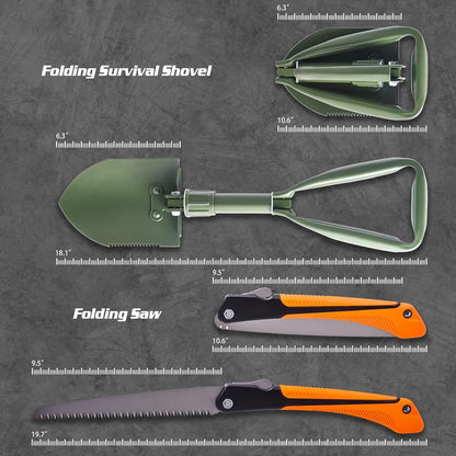 KNINE OUTDOORS Survival Shovel with Axe Set, Fixed Blade Knife, Camping Knife with Rope Handle, Folding Saw, Knife Sheathes, Hunting Knife Set of 9
