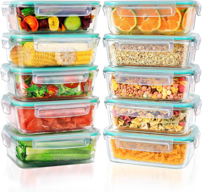 Feshory 10 Pack Airtight Glass Food Storage Containers with Plastic Lids (1040ML/35Oz) - Glass Meal Prep Food Containers, Lunch Box for Kitchen Storage & Organisation
