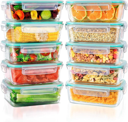 Feshory 10 Pack Airtight Glass Food Storage Containers with Plastic Lids (1040ML/35Oz) - Glass Meal Prep Food Containers, Lunch Box for Kitchen Storage & Organisation