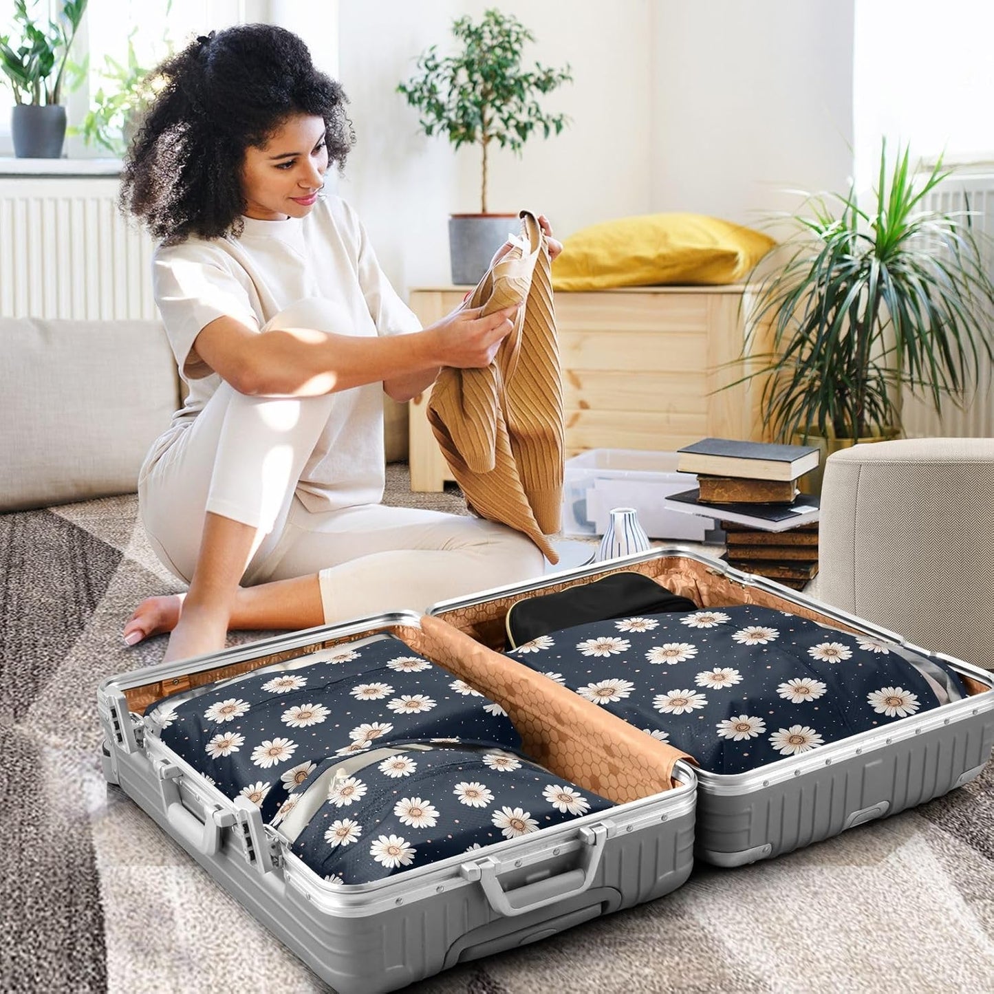 Black and White Daisies 3 Set Packing Travel Bags Portable Closet Storage Bag Compression Bags Office Storage & Organization