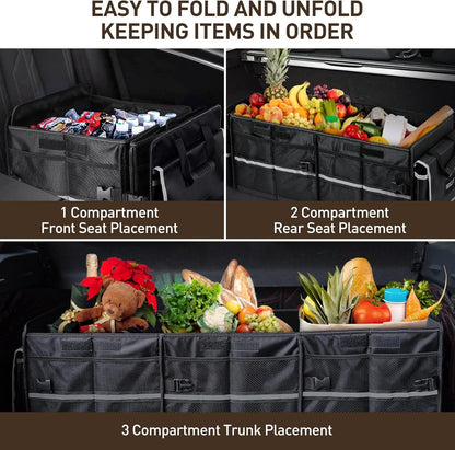 HIRALIY 4 in 1 Car Trunk Storage Organizer, Multi Compartment Collapsible Trunk Storage Box with Leakproof Insulated Bag for Car Truck SUV