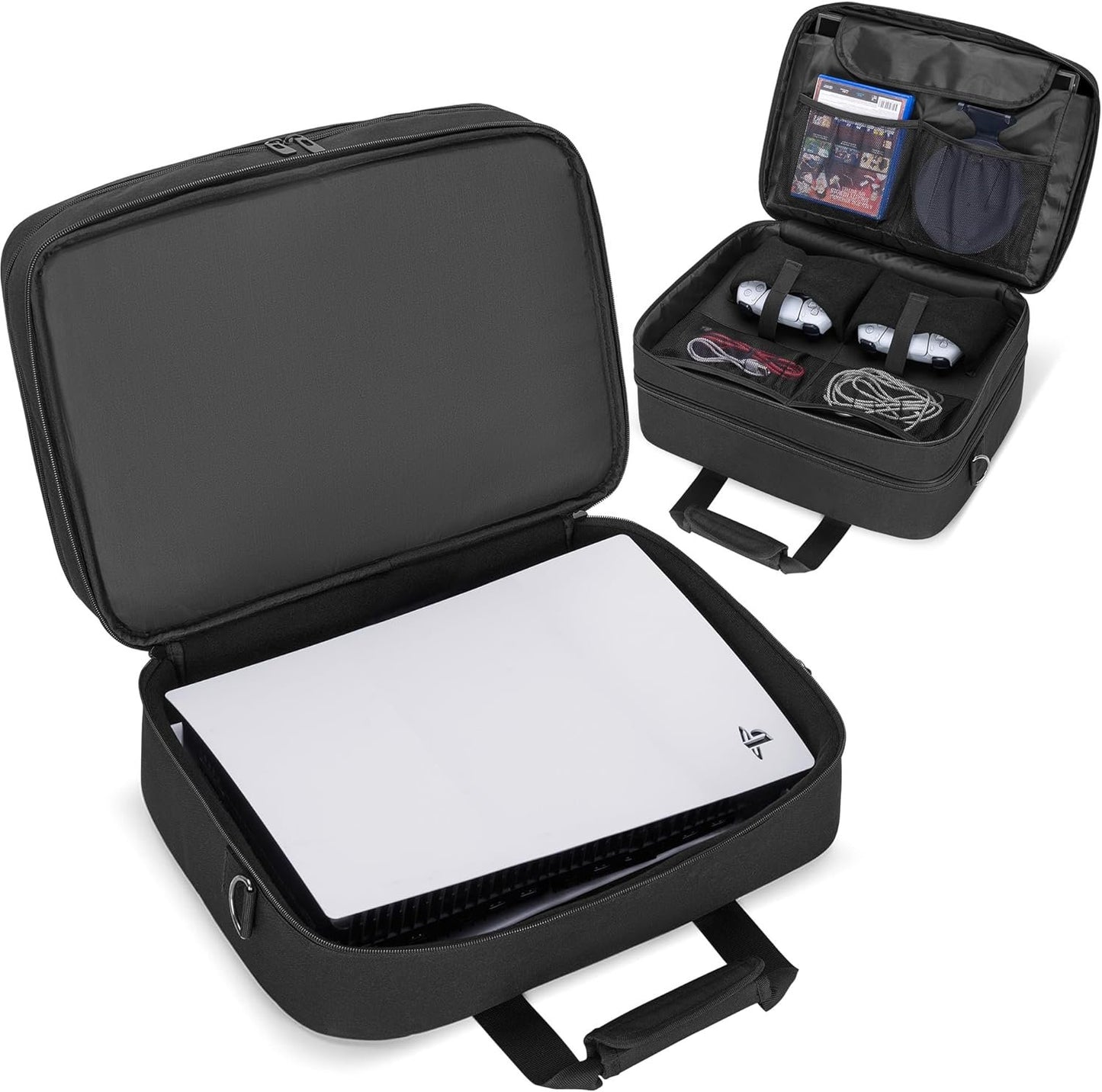CURMIO Game Console Carrying Case Compatible with PS5/ PS5 Slim/ PS4 Game Console, Travel Console Storage Bag Case with Multiple Pockets for Laptop (Up to 15.6''), Controller, Gaming Accessories
