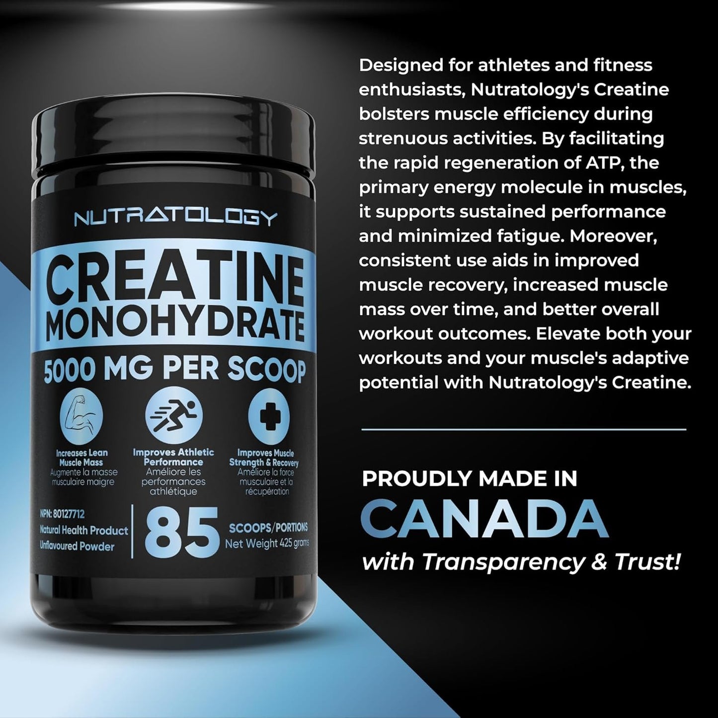 Creatine Monohydrate Powder 425g - For Increased Muscle Growth & Performance - Pre-workout Muscle Builder - Supports Athletic Performance - Creatine Powder for Workouts - 85 Servings