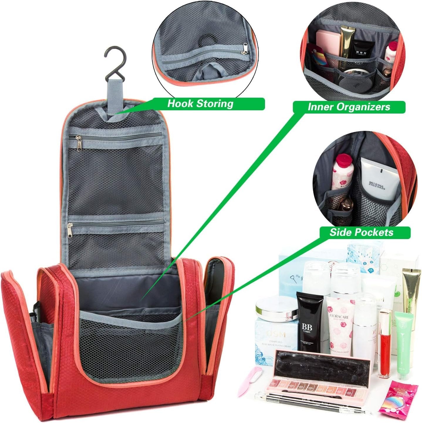 Bago Travel Toiletry Bag for Women and Men - Large Waterproof Hanging Large Toiletry Bag for Bathroom and Travel Bag for Toiletries Organizer -Travel Makeup Bag (Red)