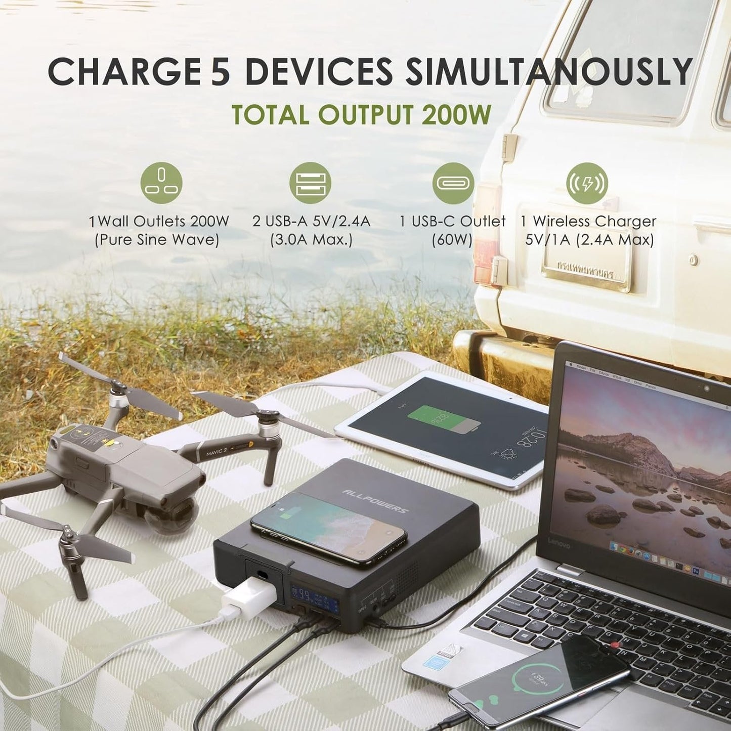 ALLPOWERS Portable Power Station 200W, 154Wh Outdoor Power Bank with AC Outlets USB Ports Wireless Charger, Portable Power Station for Laptop Phone Camera Tablet Camping Emergency