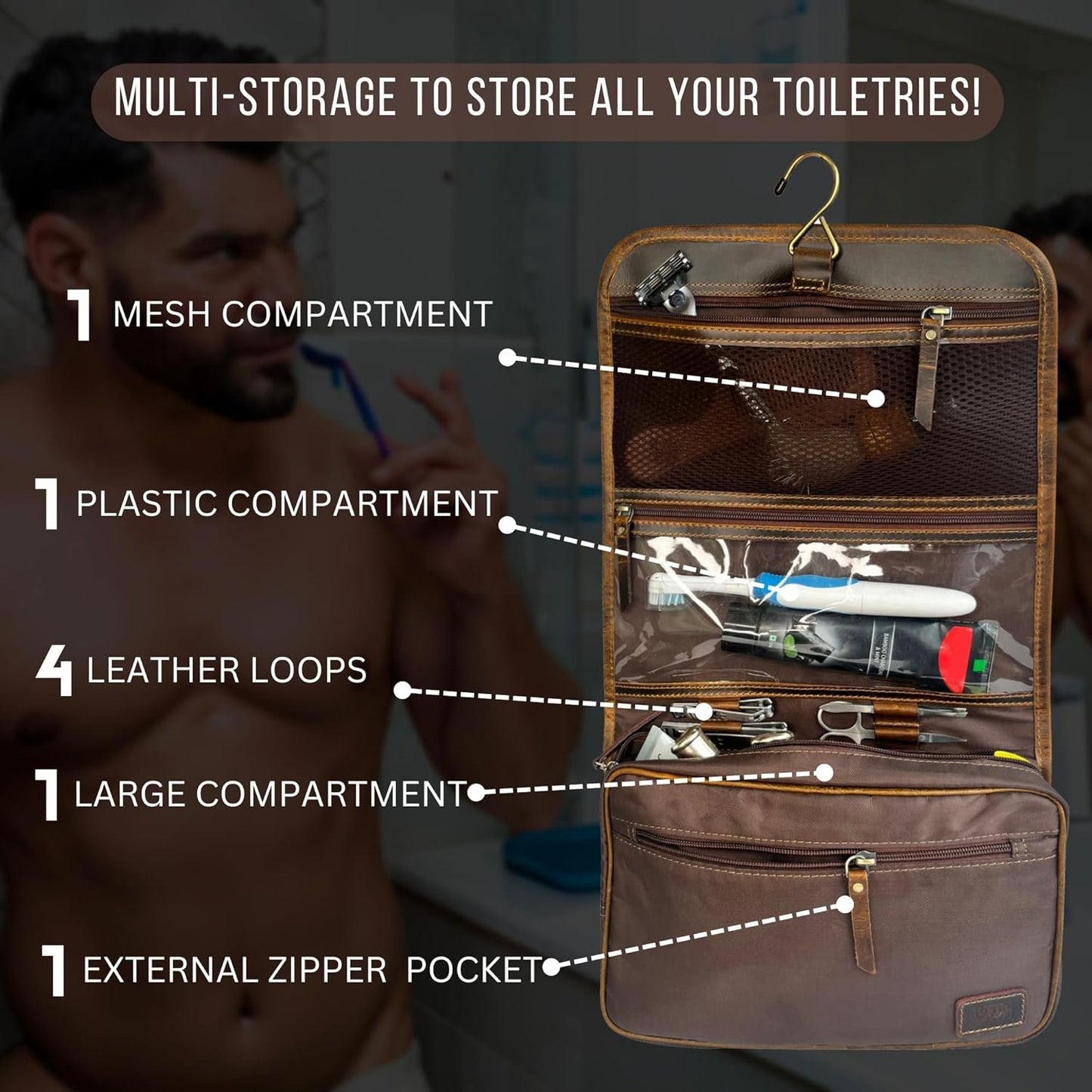 RUSTIC TOWN Leather Hanging Toiletry Bag for Men - Travel Shaving Dopp Kit - Bathroom Shower Toiletries Organizer - Leather Cosmetic Makeup Bag for Women, Brown, Large, Leather Toiletry Bag