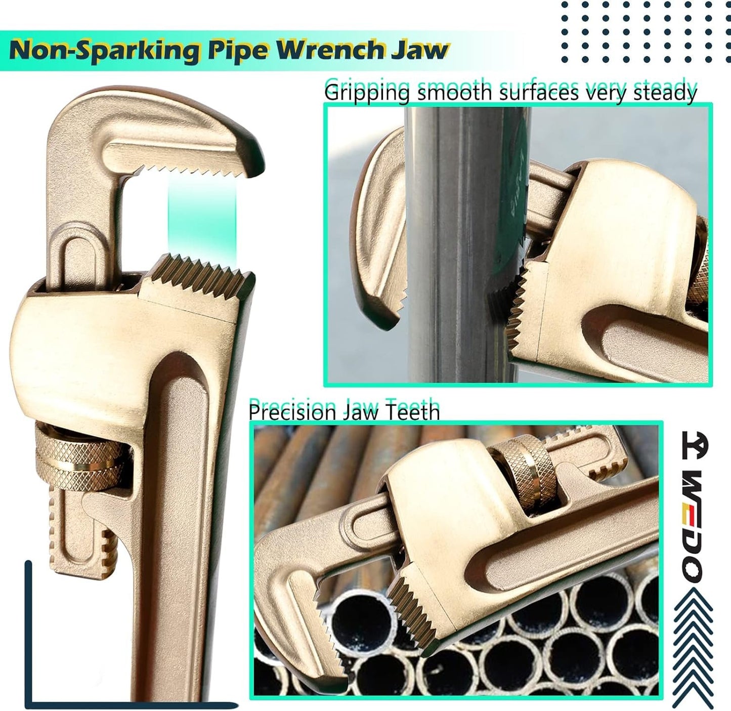 WEDO Non-Sparking Pipe Wrench (Length 300mm, Opening Max 40mm), Spark-Free Straight Plumbing Wrench, No Spark Safety Spanner, Aluminum Bronze, DIN Standard, BAM & FM Certificate