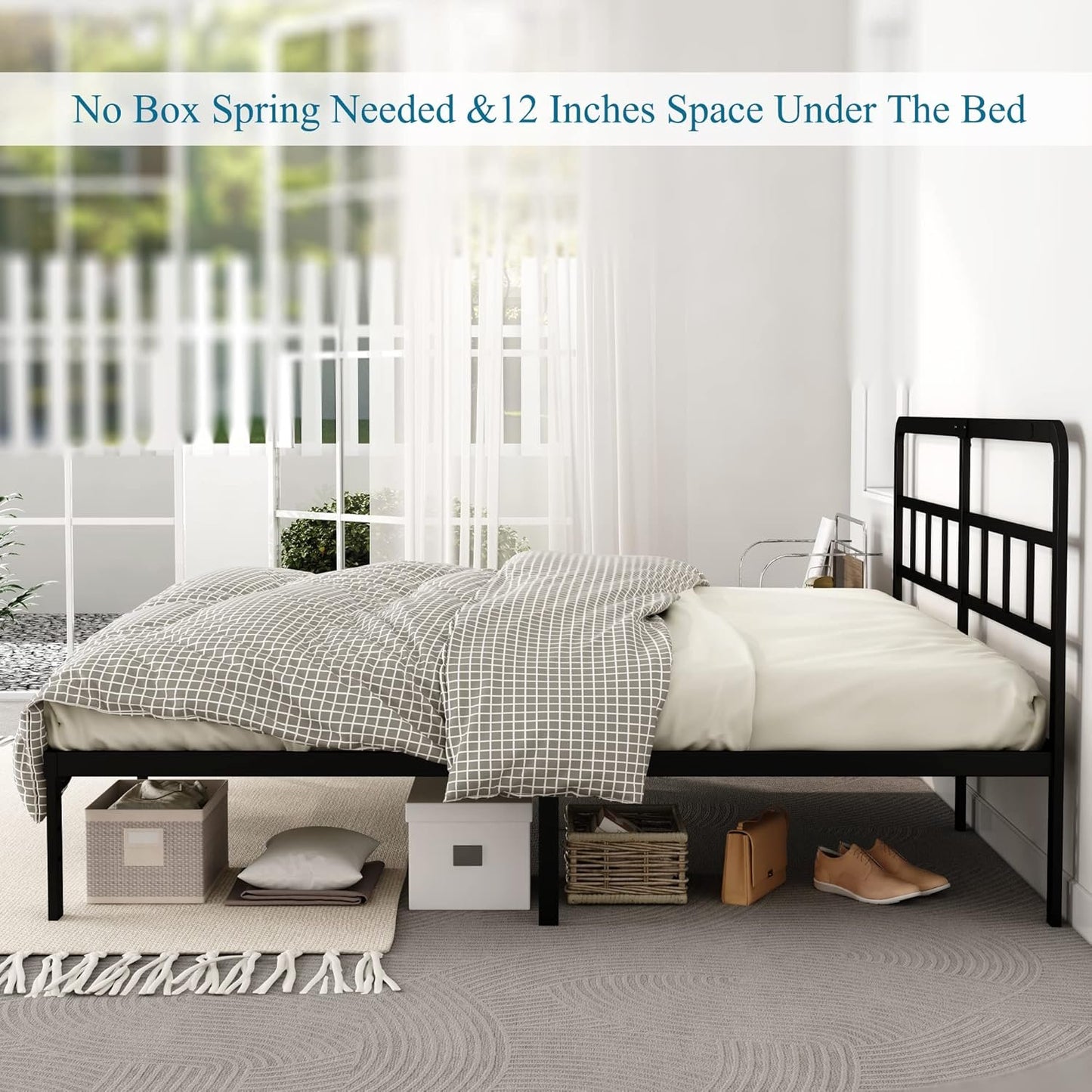 DiaOutro Metal Platform California King Bed Frames with Headboard, 14 Inch No Box Spring Needed Heavy Duty Steel Slat Mattress Foundation/Easy Assembly/No Noise/Black