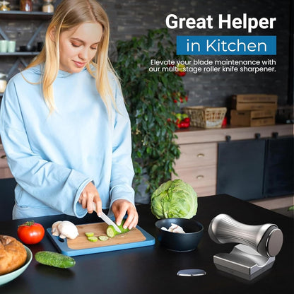 Premium Rolling Knife Sharpener - Knife Sharpener Rolling Kit for All Knives - 360 & 600 Diamond - 1000 & 3000 Whetstone Ceramic Discs - Gripable Handle & Non-Slip Base, Aluminium Design with 4 Angles