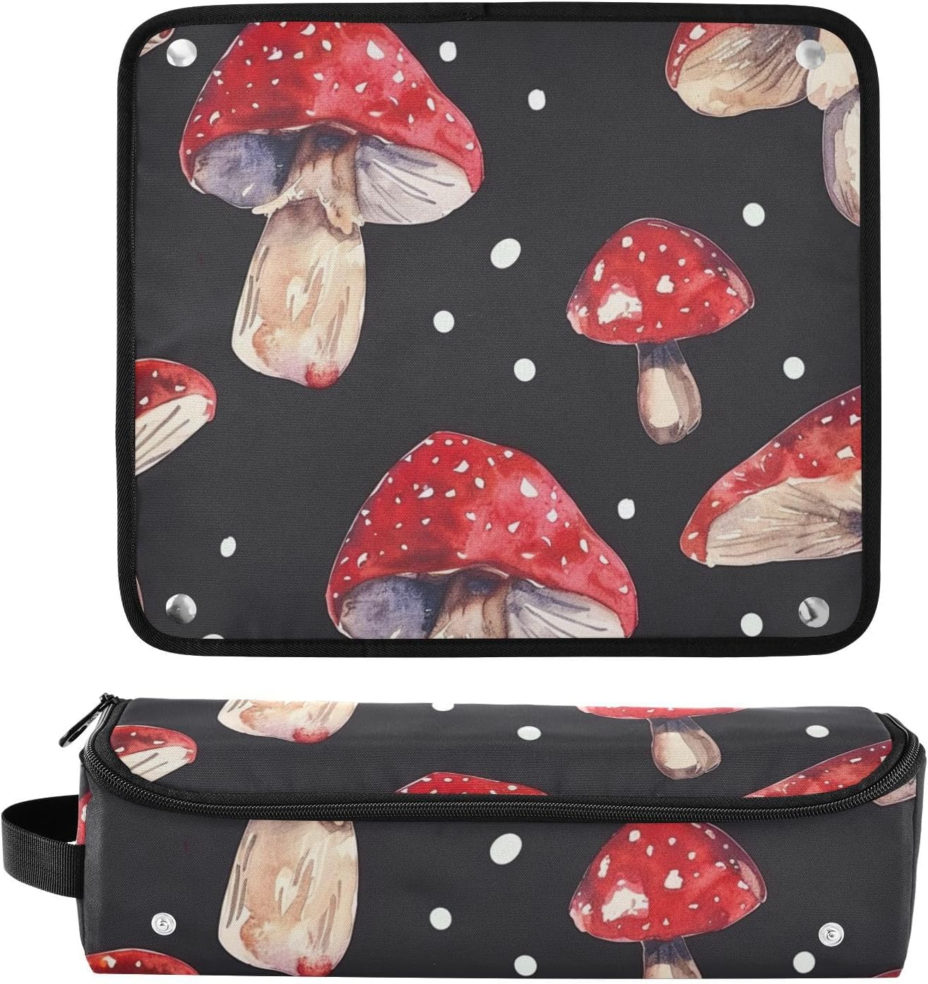 Foiosoh Borsa da viaggio per attrezzi da donna con tappetino in ferro a doppio strato, custodia da viaggio per arricciacapelli, piastra per capelli piatti, funghi rossi e pois bianchi