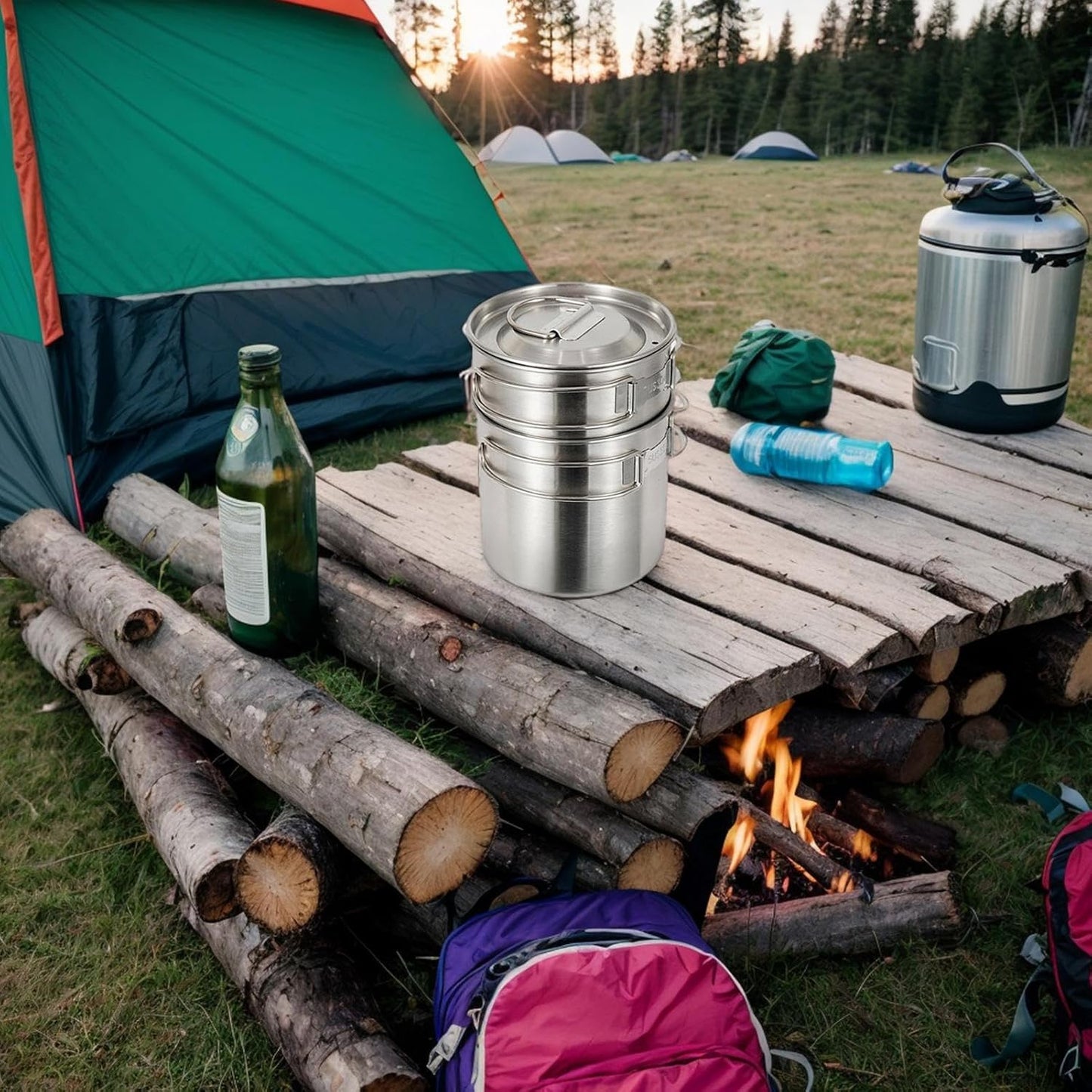 Camping Cookware, Stainless Steel Backpacking Cooking Set, Compact Folding Outdoor Cooking Gear, Heat-Resistant and Sturdy Pot Kit, Lightweight Travel-Friendly Design, 1000ml/700ml
