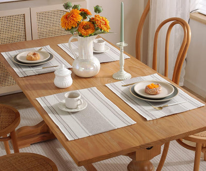 Placemats Set of 6 for Dining Table Décor, Woven Cloth Place Mats for Farmhouse Kitchen Tabletop, Handcrafted Machine Washable Cotton Table mats 13 x 19 Inch, Light Linen