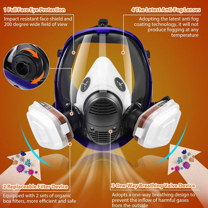 SupMusk Full Face Respirator Mask with Filters, AntiFog Lens AntiGas AntiDust Gas Mask Against Vapours, Particles, Painting