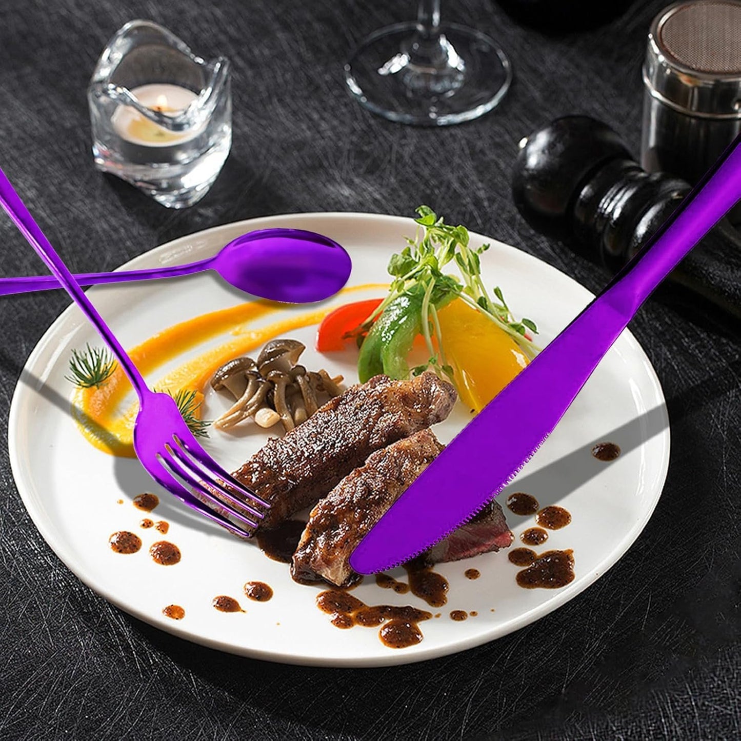 Flatware Set - Travel Camping Cutlery Set - 304 Stainless Steel Portable Utensils Including Case for Lunch School Camping Office (Straw+Straight Straw+Knife+Fork+Spoon+Chopsticks+Cleaning Brush)Purple