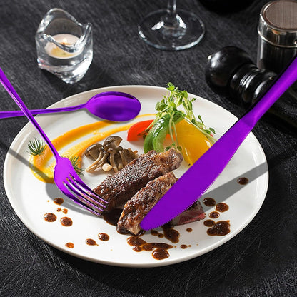 Flatware Set - Travel Camping Cutlery Set - 304 Stainless Steel Portable Utensils Including Case for Lunch School Camping Office (Straw+Straight Straw+Knife+Fork+Spoon+Chopsticks+Cleaning Brush)Purple