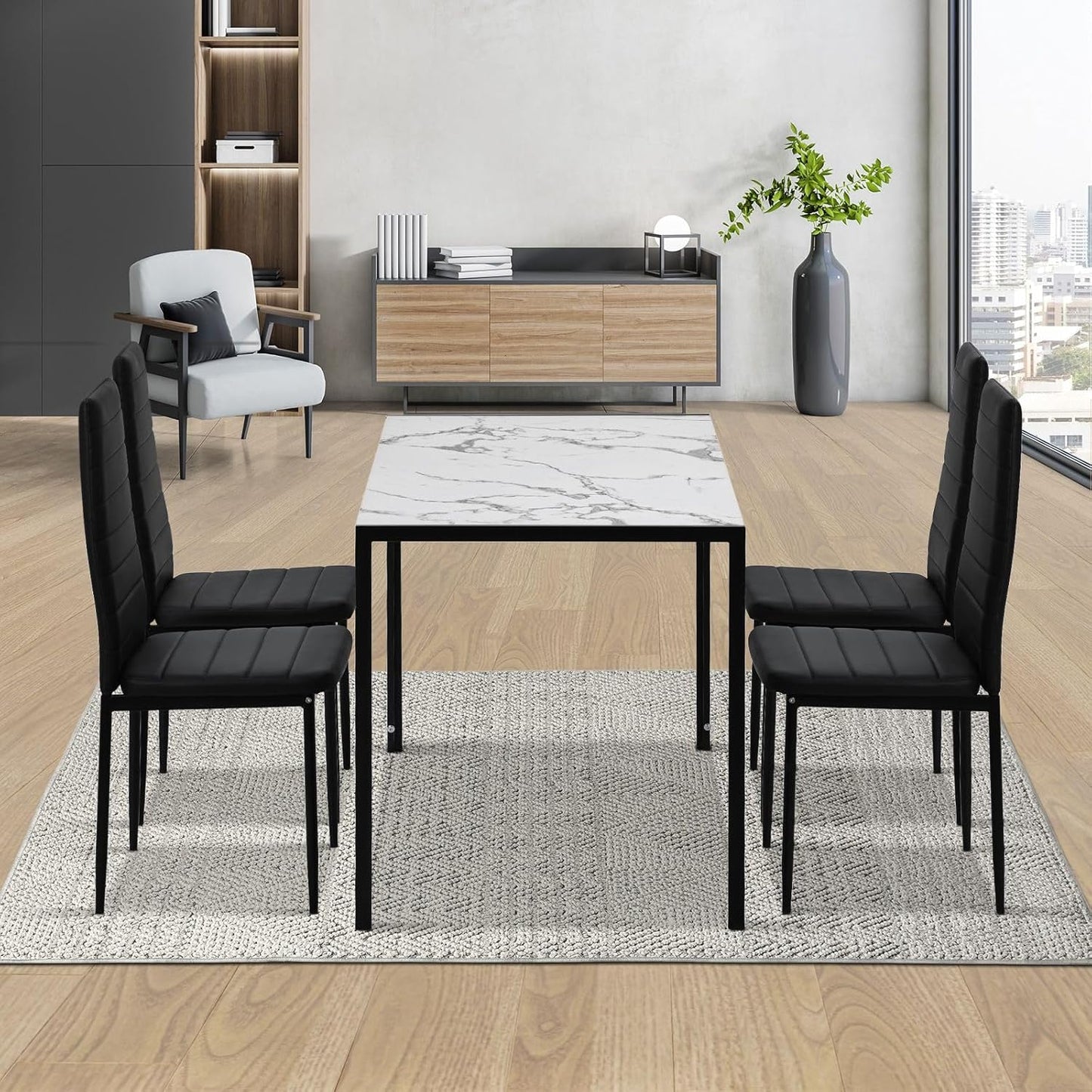 Luxsuite Dining Table Set Marble Tabletop Rectangular 120cm Modern Sintered Stone Glossy Marble Effect Top Dinner Tables 4 Seater with Tapered Metal Legs Dining Room Home Lounge Kitchen White