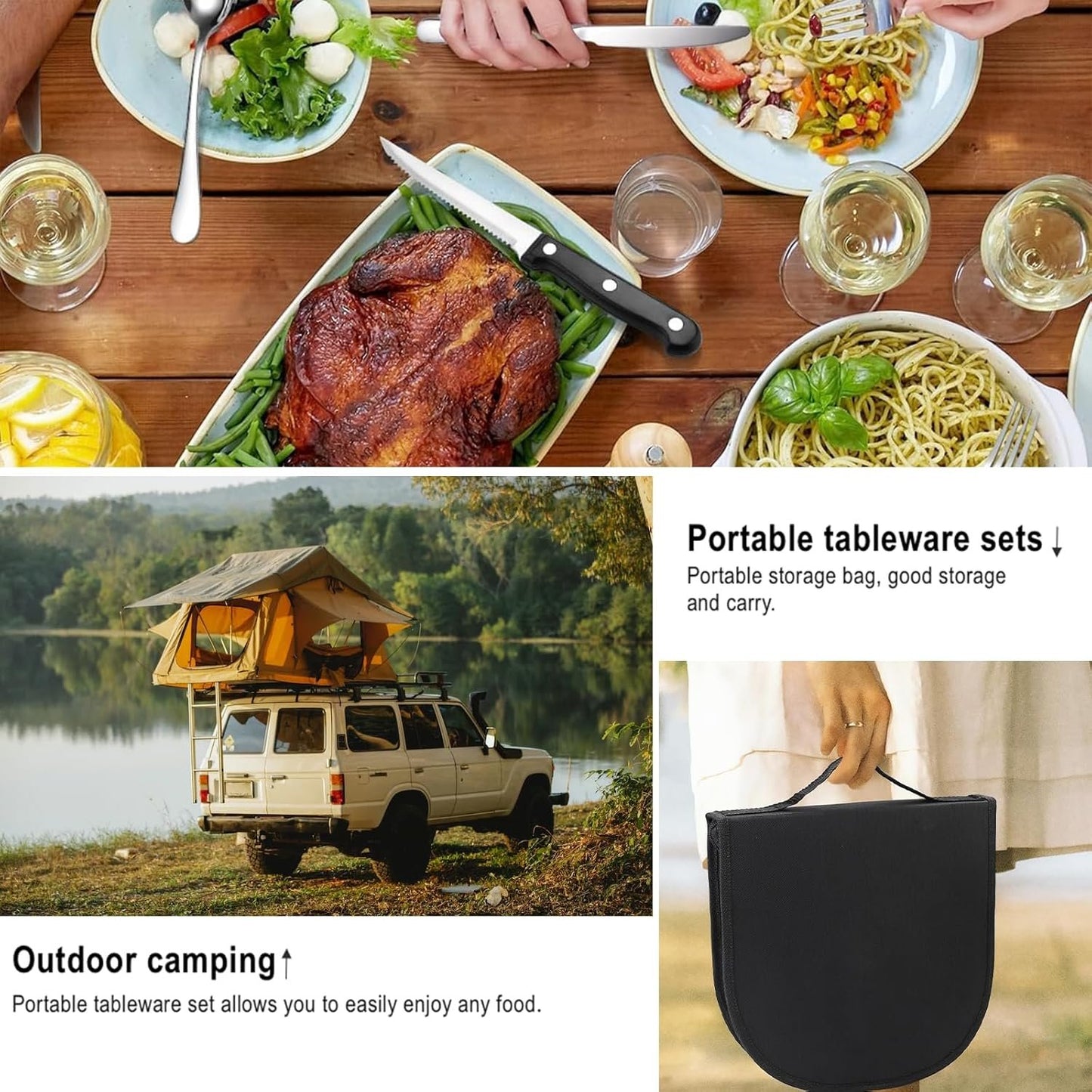 10-Pieces Outdoor Cutlery Set for Picnic, Portable Double Tableware Kit, Stainless Steel Silverware Set with Organizer Bag, Spoon Clip Serrated Knife Fork Plate Utensil Set for Travel Camping (Silver)