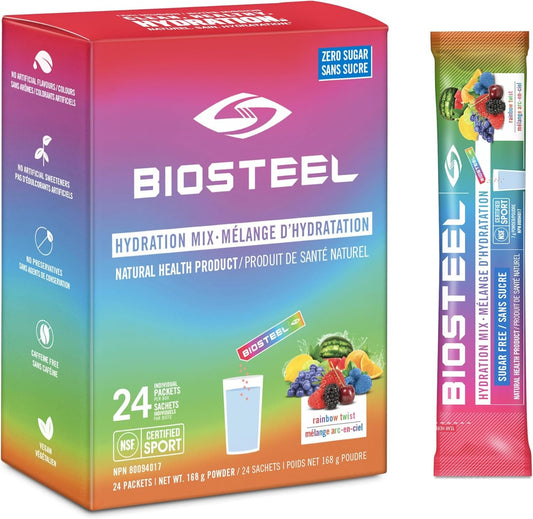 BioSteel Hydration Mix, Proudly Canadian - Great Tasting Hydration with Zero Sugar, and No Artificial Flavours or Preservatives, Rainbow Twist Flavour, 24 Single Serving Packets