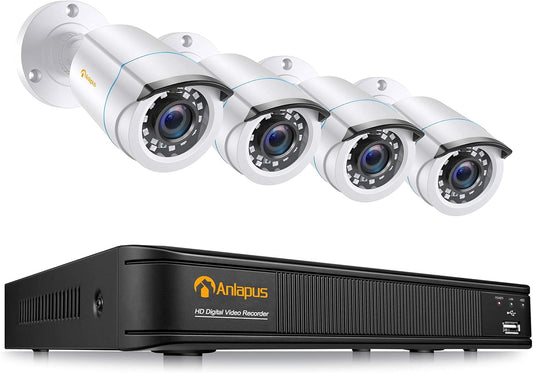 Anlapus 1080P Surveillance Kit DVR 8CH H.265+ Video Recorder with 4pcs Outdoor Camera, Without HDD, Night Vision, E-mail Alarm, P2P