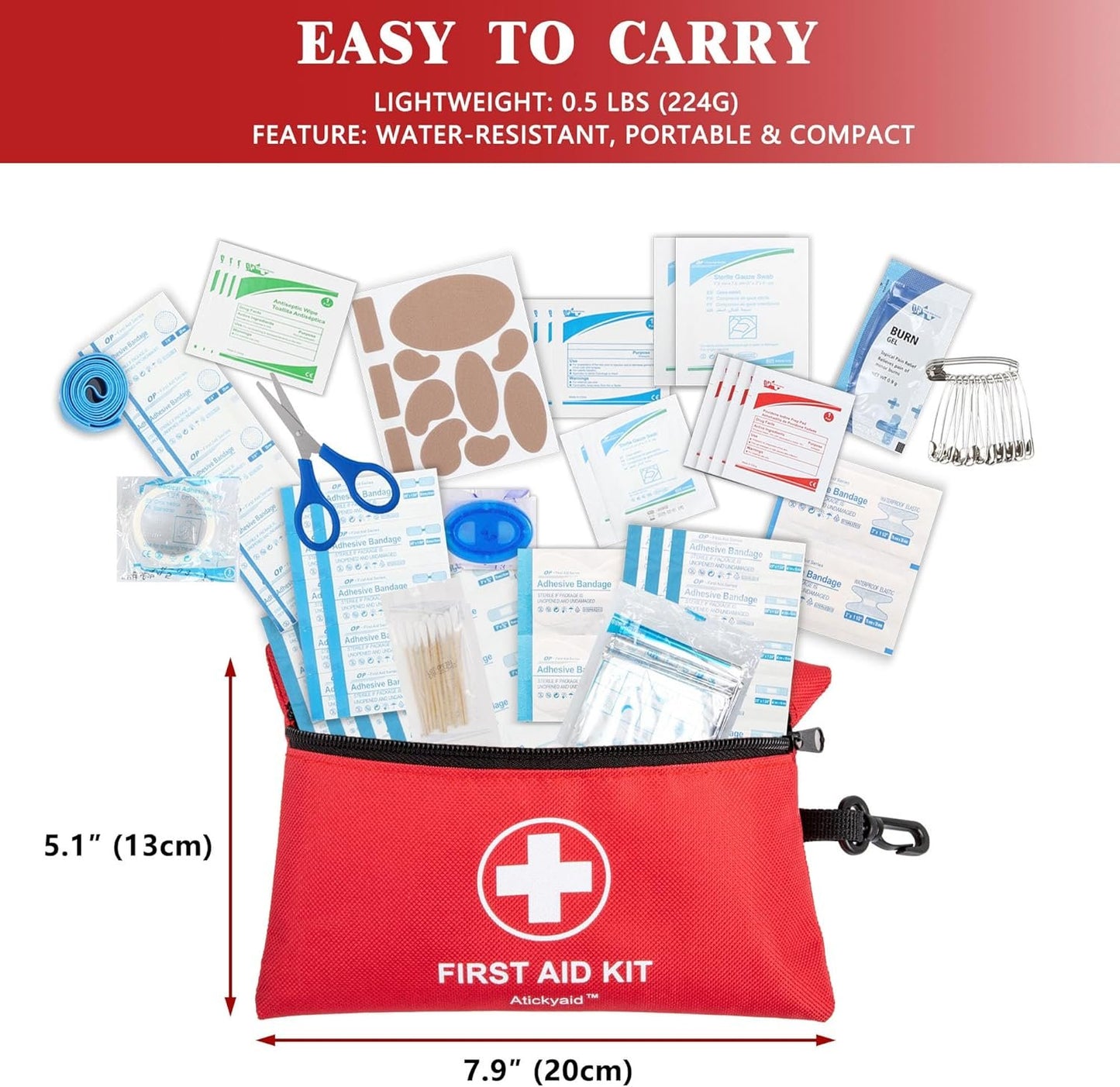 Atickyaid Mini First Aid Kit - 140 Piece Small First Aid Medical Kit for Car, Home, Office, Travel, Camping, Sports, Outdoor, School - Emergency First Aid Supplies and Survival Kit, Red, 140 Pieces,