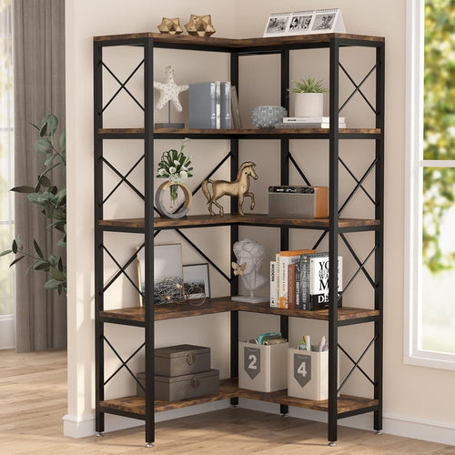 Tribesigns Corner Bookcase 5 Tier 80x80x167.5cm Large Modern Corner Bookcase 5 Tier Tall Display Shelves Metal Frame for Living Room Home Office (Hard Brown)