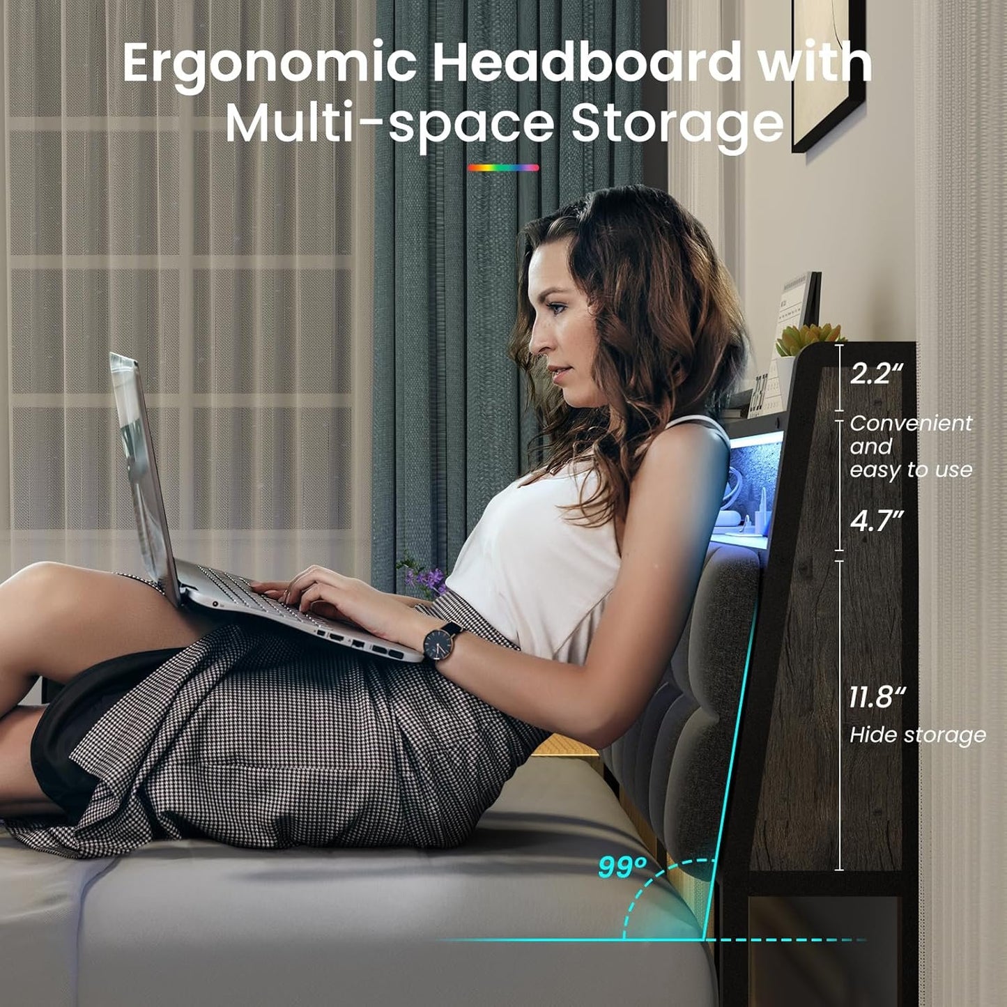 BedStory Bed Frame Full Size with Charging Station, LED Bed with Upgrade Upholstered Headboard, Ergonomic Bed Frame Headboard with Under Bed Storage, No Box Spring Needed, Noise Free Easy Assembly