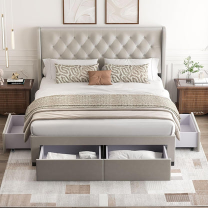 Brittany Queen Bed Frame with 4 Storage Drawers/Platform Bed/Upholstered/Tufted/No Box Spring Required/Wood Slat Support (Velvet, Light Grey)