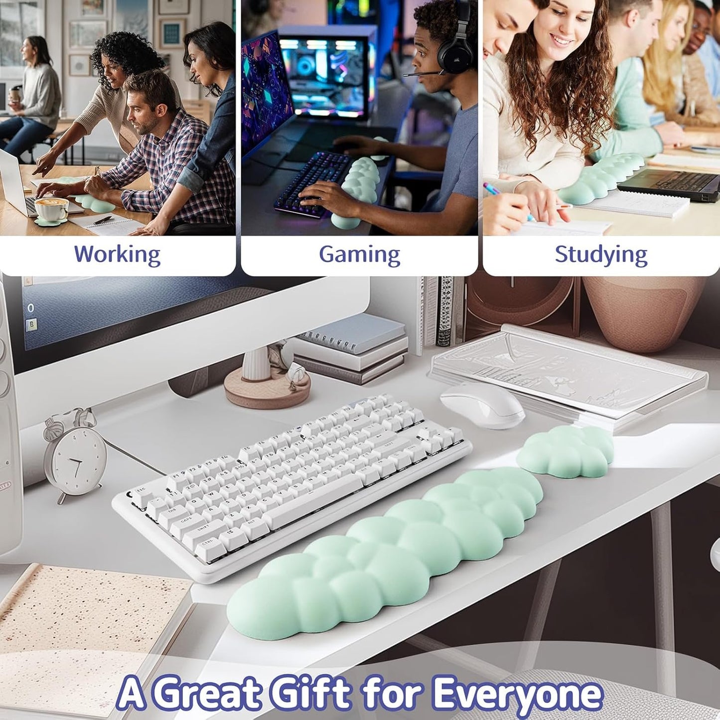 Sushret Cloud Wrist Rest Keyboard, Cloud Palm Rest Set with PU Leather Memory Foam, Cute Keyboard Rest for Wrist Support and Arm Rest, Desk Cloud Wrist Pad for PC/Gaming/Laptop/Computer-Light Green