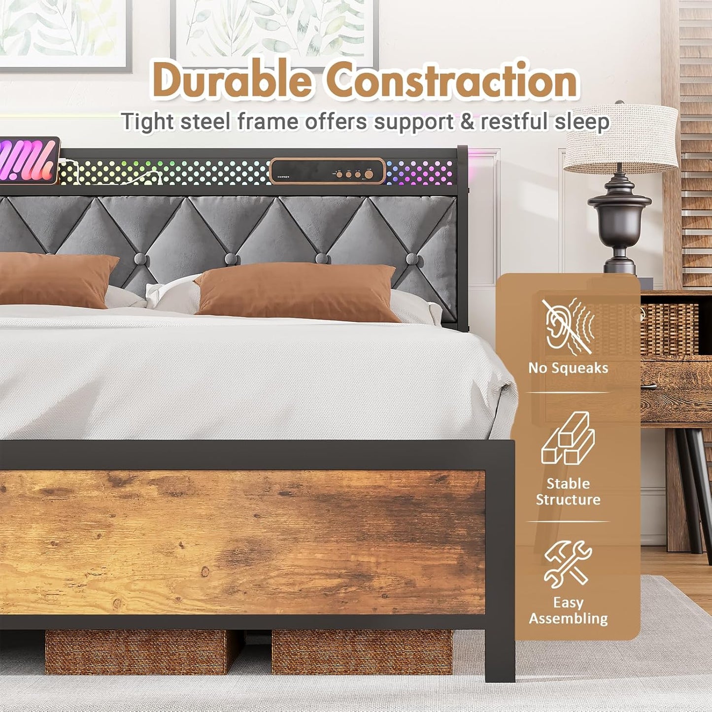 ADVWIN Queen Size Bed Frame, Storage Headboard with Led & Charging Station, Industrial Upholstered Platform Bed with Metal Mattress Base Support, No Box Spring Needed, Rustic Brown & Gray (Queen)