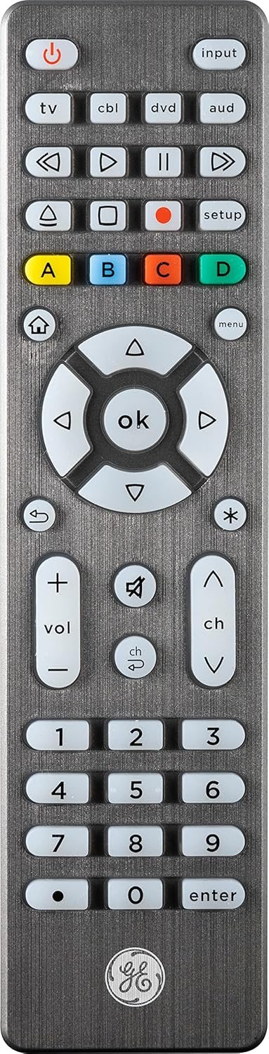 GE Backlit Universal Remote Control for Samsung, Vizio, LG, Sony, Sharp, Roku, Apple TV, RCA, Panasonic, Smart TV, Streaming Players, Blu-Ray, DVD, Simple Setup, 4-Device, Graphite, 48848