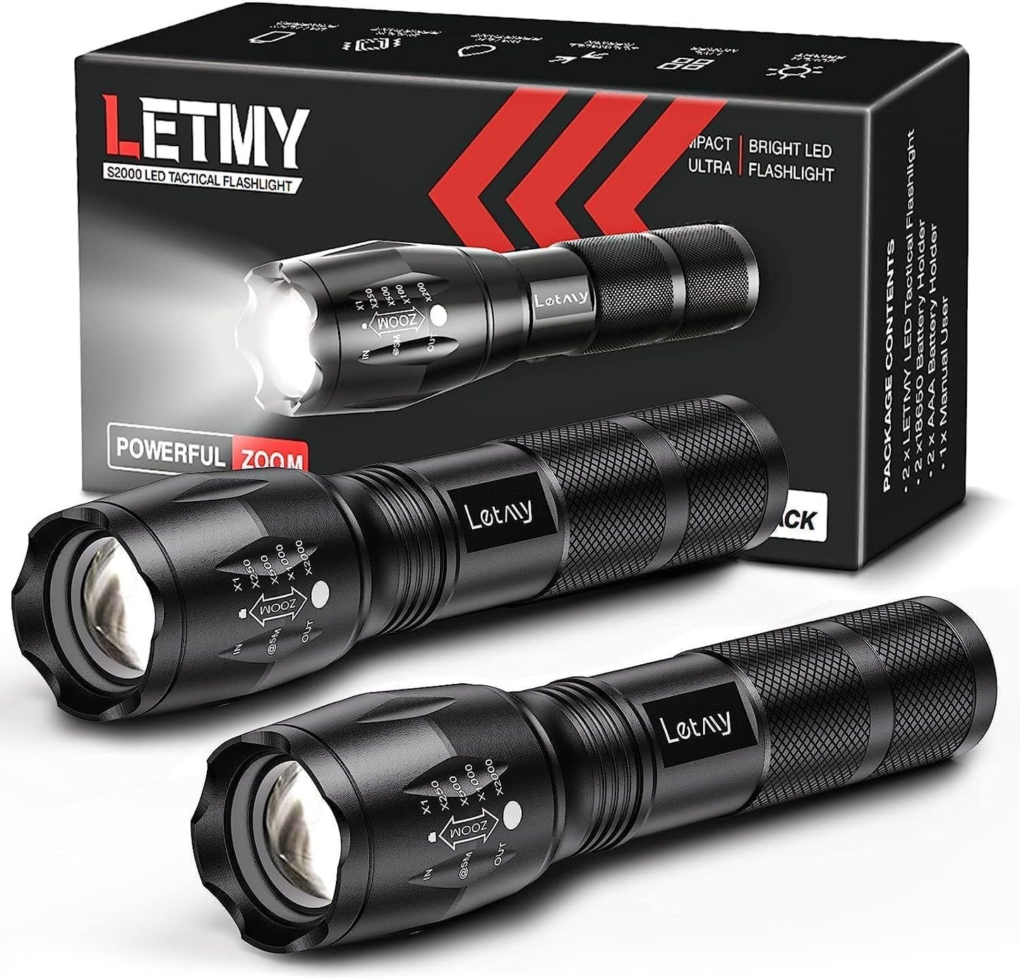 LETMY LED Flashlight, High Lumens XML T6 Handheld Flashlights, Zoomable, IP67 Waterproof, 5 Modes, Portable Flashlight for Outdoor Camping Running Walking Emergency (2 Pack)
