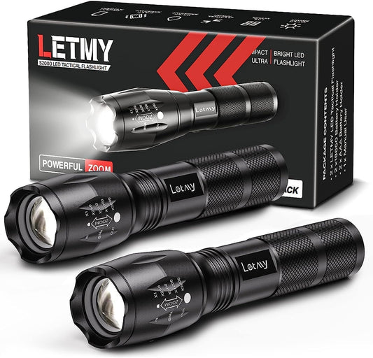 LETMY LED Flashlight, High Lumens XML T6 Handheld Flashlights, Zoomable, IP67 Waterproof, 5 Modes, Portable Flashlight for Outdoor Camping Running Walking Emergency (2 Pack)