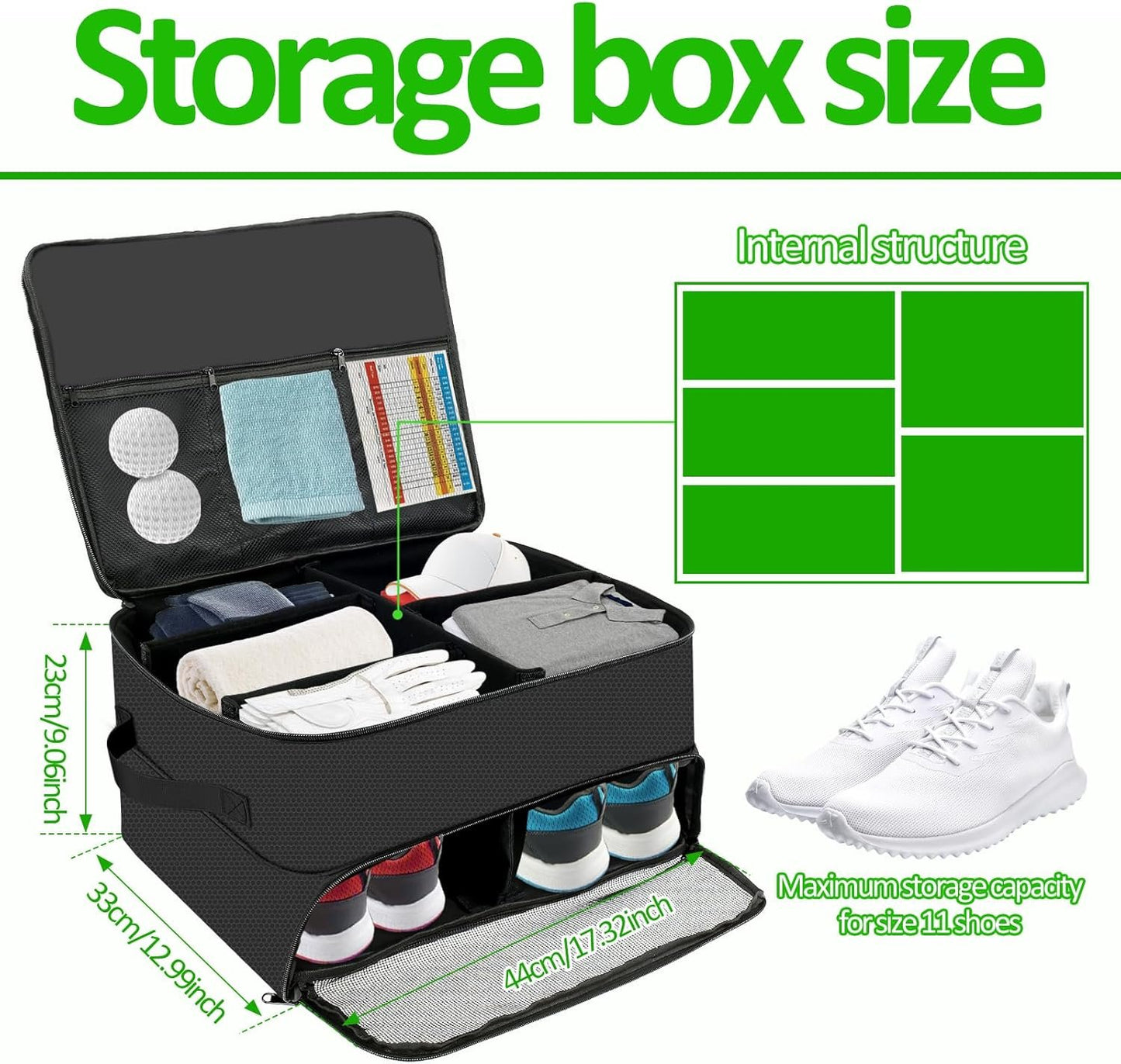 2 Layer Golf Trunk Organizer Large Waterproof Car Golf Locker with Separate Ventilated Compartment Versatile Trunk Organizer for Balls, Tees, Clothes, Gloves (Black)