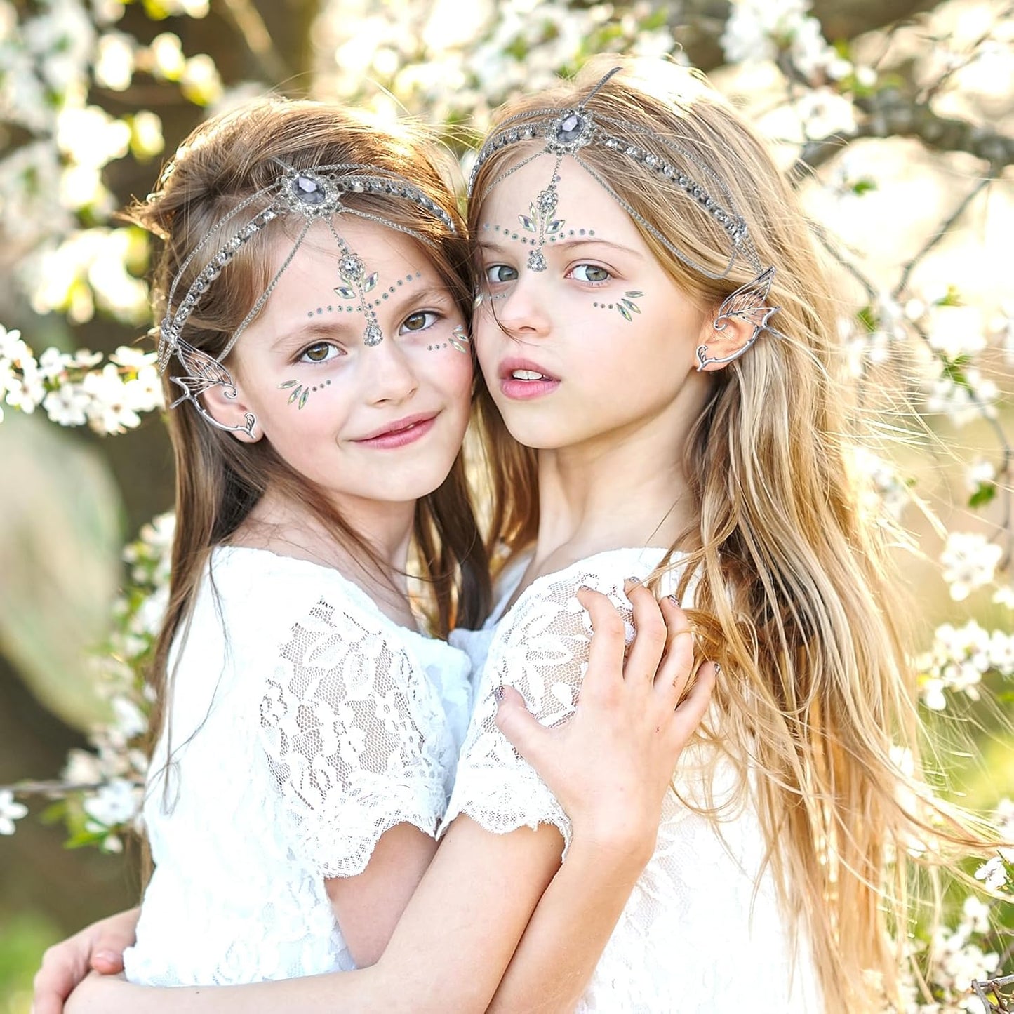 Elf Hair Accessories Boho Women Elf Ears Earrings Silver Hair Jewelry Tiara Elf Crystal Glitter Make Up Stickers Glitter Face Glitter Accessories Headwear Halloween Costume Cosplay, Metal