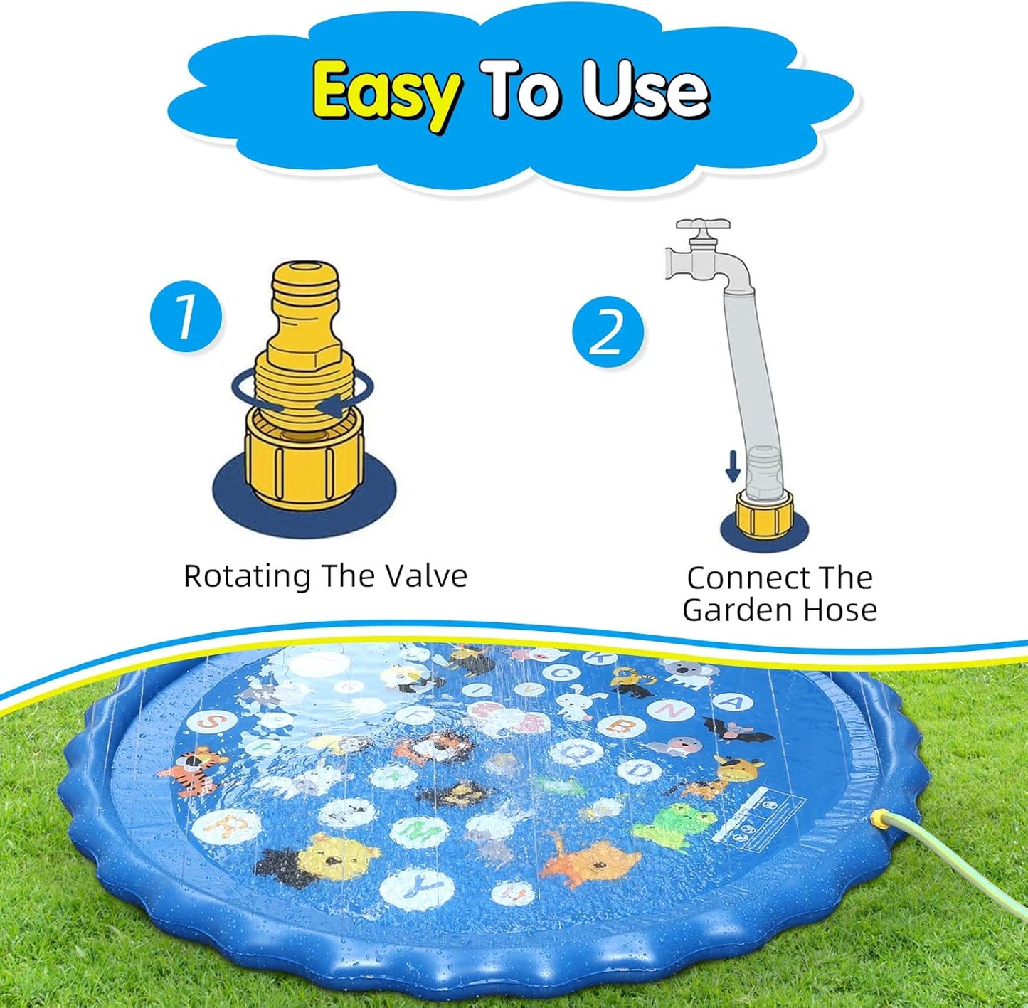 Sicilaien Splash Sprinker Pad for Family, Large 170CM Spray Pad Water Sprinkler Mat, Kids Outdoor Water Play Toys Water Play Mats Anti-Slip Thickened PVC for Adults Kids Pets (Alphabet Blue)