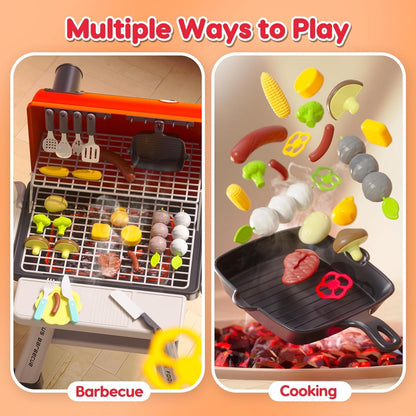 cute stone Kids BBQ Grill Playset, Toy Kitchen Set with Smoking Toy Barbecue Grill, Toy Kitchen Accessories, Indoor/Outdoor Interactive Pretend Play Toys for Boys Girls, 23.6" H