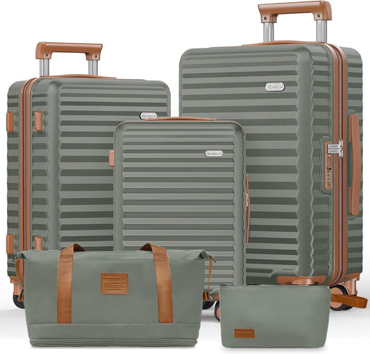 SHOWKOO Luggage Sets 3 Piece Hardside Expandable Suitcase with Double Spinner Wheels TSA Lock (Green, 5 Piece Set)