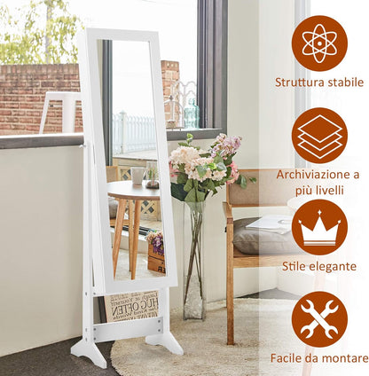 COSTWAY Floor Standing Jewellery Cabinet with 3 Corner Mirror, Jewellery Box Organizer for Bedroom Jewellery, 35 x 30 x 144 cm (White)